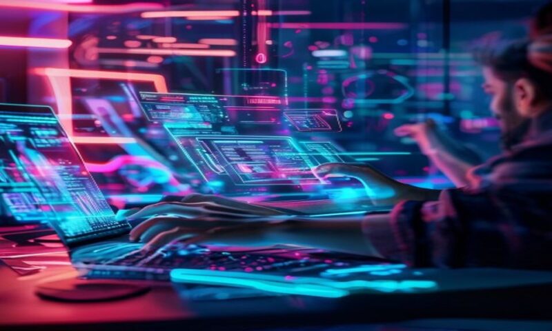 Creator surrounded by glowing digital interfaces and flowing data streams, hands actively working on a laptop with holographic content elements floating above the desk, vibrant neon accents illuminati