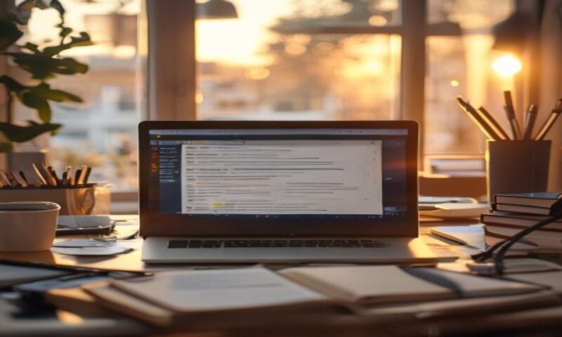 A professional workspace at dawn showing a laptop displaying organized prompts and workflows, surrounded by productivity tools, coffee, and notebooks, with soft golden light illuminating focused work