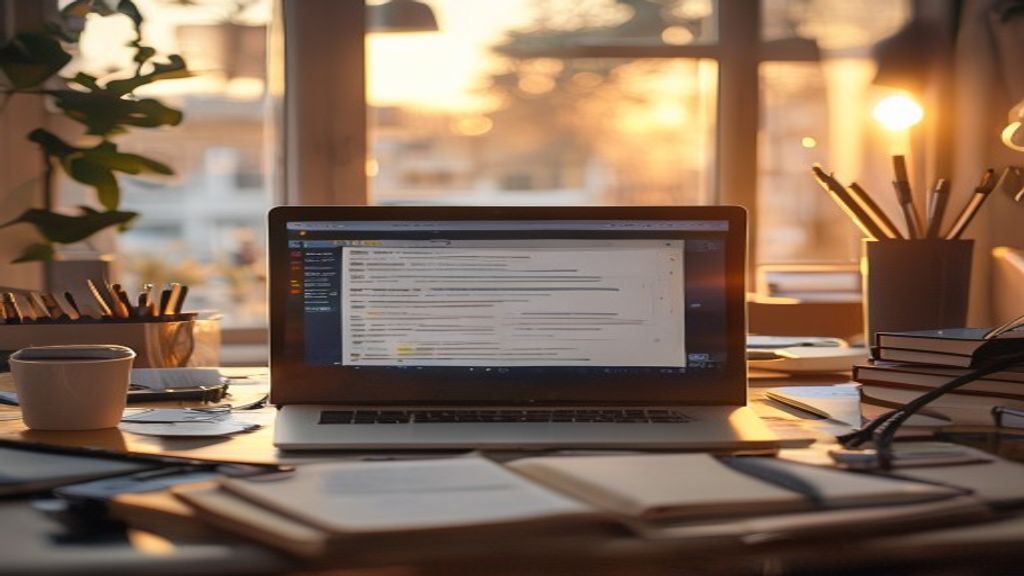 A professional workspace at dawn showing a laptop displaying organized prompts and workflows, surrounded by productivity tools, coffee, and notebooks, with soft golden light illuminating focused work
