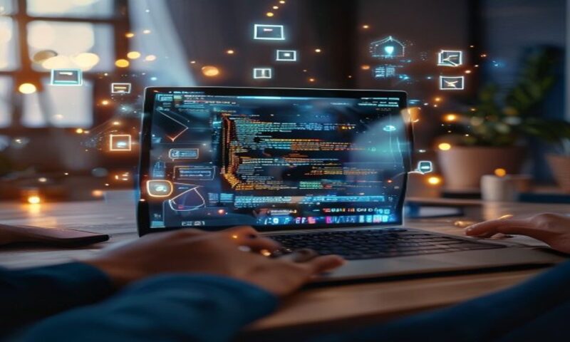 A developer's laptop screen glowing with clean code and app interface elements materializing in real-time, surrounded by floating holographic wireframes and deployment checkpoints, hands typing confid