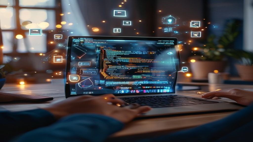 A developer's laptop screen glowing with clean code and app interface elements materializing in real-time, surrounded by floating holographic wireframes and deployment checkpoints, hands typing confid