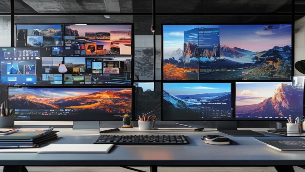 A split-screen studio workspace showing multiple AI-generated images on displays: abstract artistic renderings, photorealistic landscapes, and product mockups side-by-side, with creative tools and not