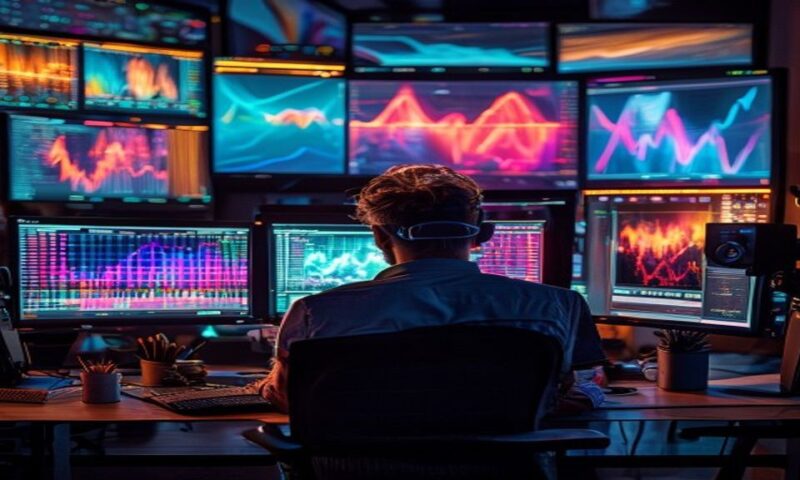 A filmmaker's workstation surrounded by glowing screens displaying vibrant video timelines, with colorful waveforms and motion graphics in progress, cinematic, professional photography, 4k, depth of f