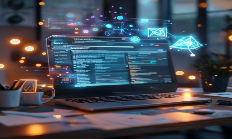 Desk workspace with laptop displaying text editor, scattered notes, coffee cup, and glowing holographic AI nodes floating above—representing writing tools analysis. cinematic, professional photograp