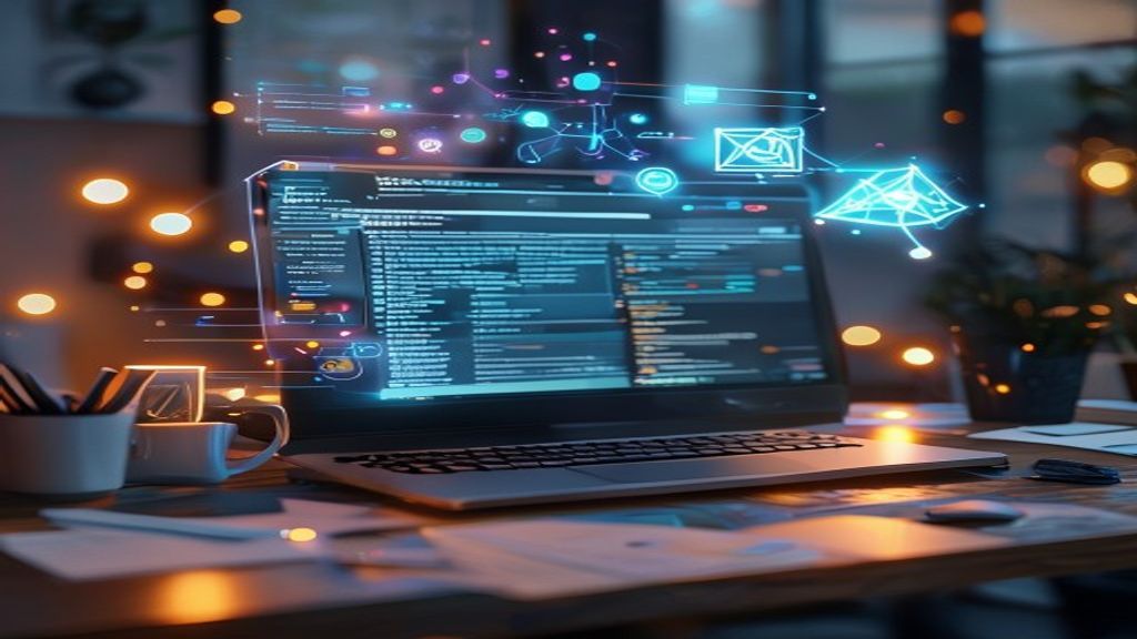 Desk workspace with laptop displaying text editor, scattered notes, coffee cup, and glowing holographic AI nodes floating above—representing writing tools analysis. cinematic, professional photograp