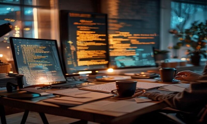 A writer's desk with multiple glowing screens displaying flowing text and digital words, surrounded by scattered notes and coffee, soft ambient lighting highlighting the creative workspace, cinematic,