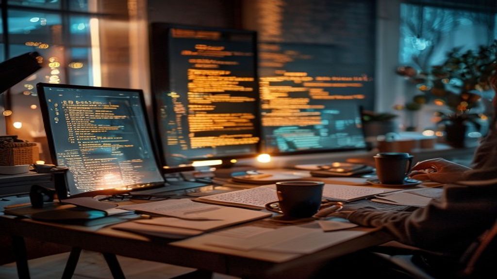 A writer's desk with multiple glowing screens displaying flowing text and digital words, surrounded by scattered notes and coffee, soft ambient lighting highlighting the creative workspace, cinematic,