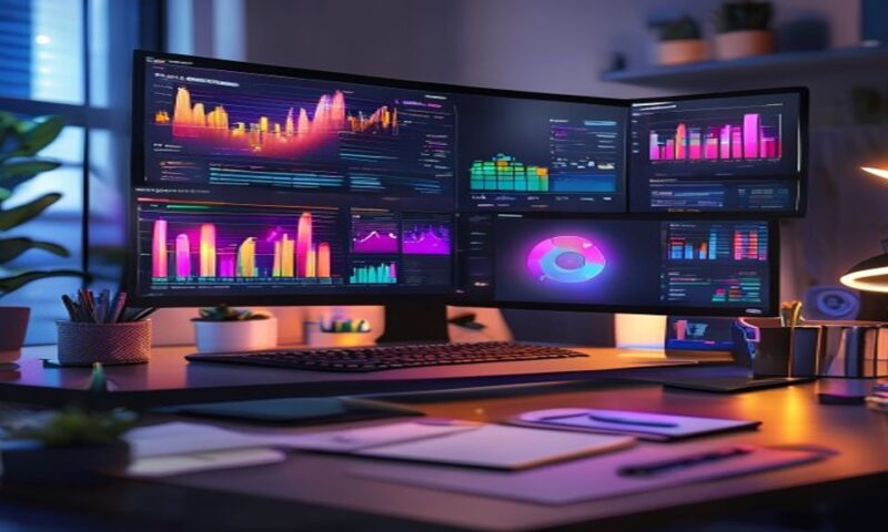 A modern desk workspace with multiple glowing analytics dashboards, colorful keyword data visualizations, and SEO metrics floating in soft light, surrounded by productivity tools and notebooks, cinema