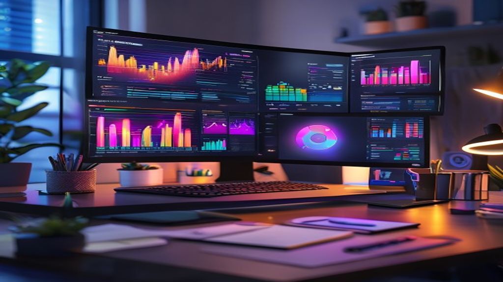 A modern desk workspace with multiple glowing analytics dashboards, colorful keyword data visualizations, and SEO metrics floating in soft light, surrounded by productivity tools and notebooks, cinema