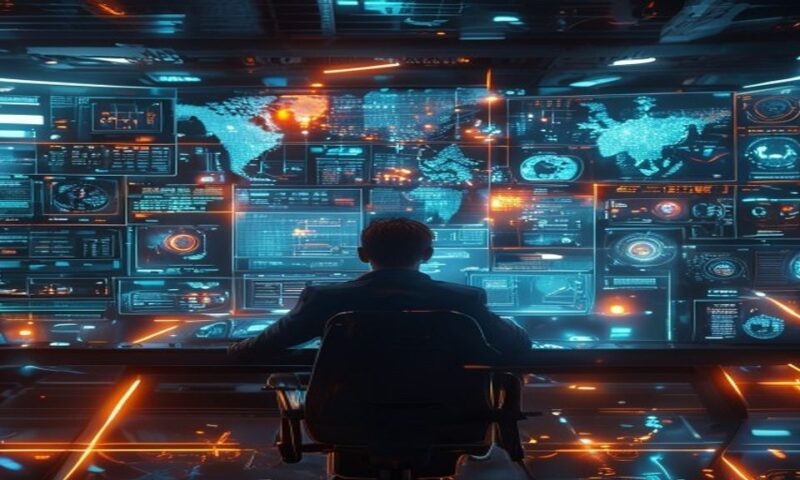 Futuristic control room with holographic marketing dashboards, AI interface visualizations, and a human executive reviewing autonomous system outputs on transparent screens, surrounded by glowing data