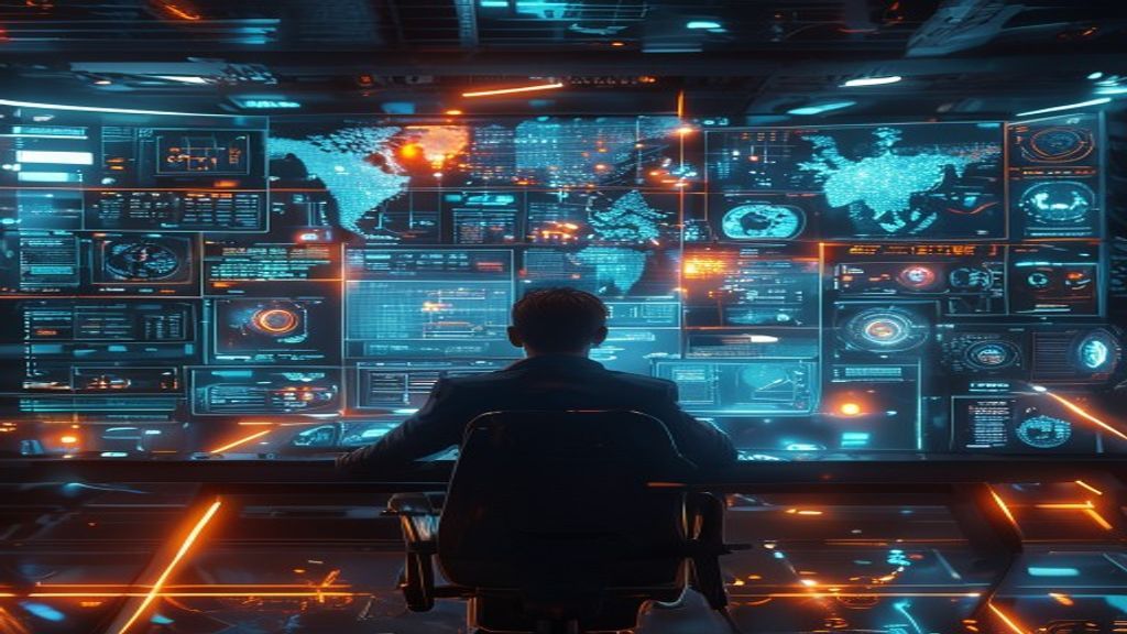 Futuristic control room with holographic marketing dashboards, AI interface visualizations, and a human executive reviewing autonomous system outputs on transparent screens, surrounded by glowing data