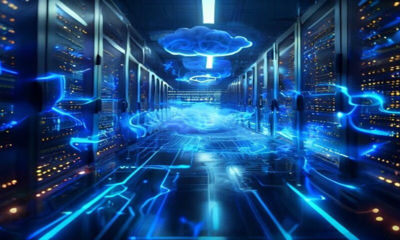 Towering server farm with glowing blue circuits and data streams, Amazon logo subtly visible, massive financial figures floating in holographic light, futuristic cloud infrastructure visualization, ci