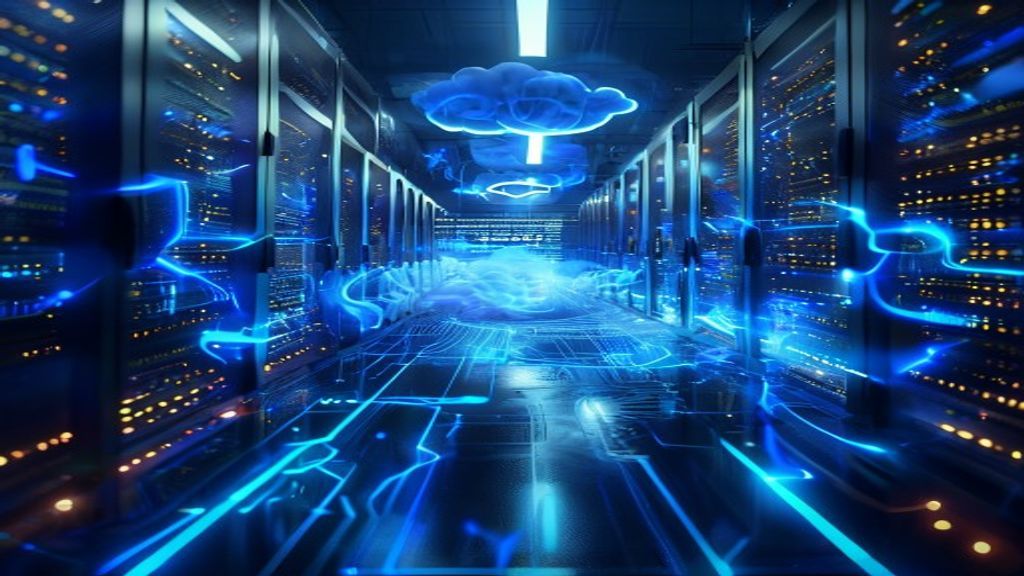 Towering server farm with glowing blue circuits and data streams, Amazon logo subtly visible, massive financial figures floating in holographic light, futuristic cloud infrastructure visualization, ci