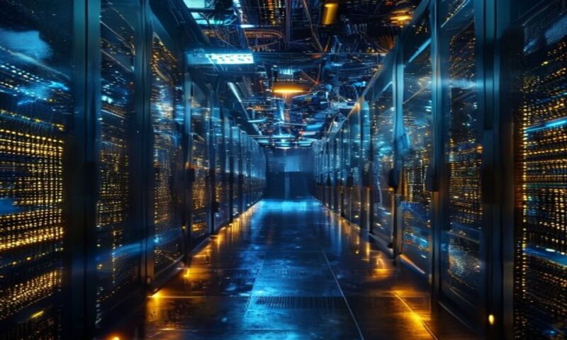 Massive server farm glowing with blue and amber lights, towering rows of quantum processors and cloud infrastructure stacked skyward, dramatic lighting illuminating cutting-edge AI hardware, futuristi