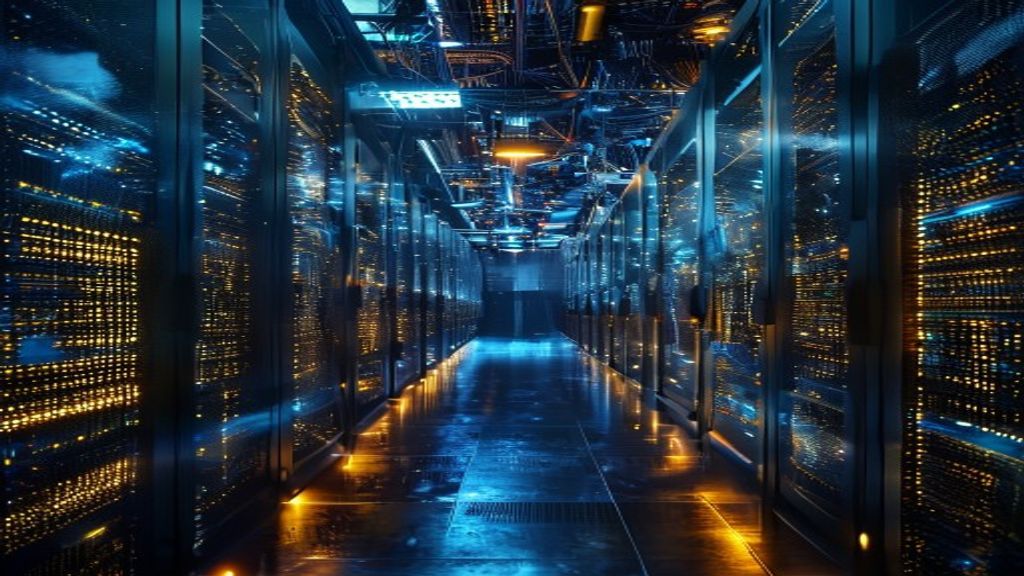 Massive server farm glowing with blue and amber lights, towering rows of quantum processors and cloud infrastructure stacked skyward, dramatic lighting illuminating cutting-edge AI hardware, futuristi