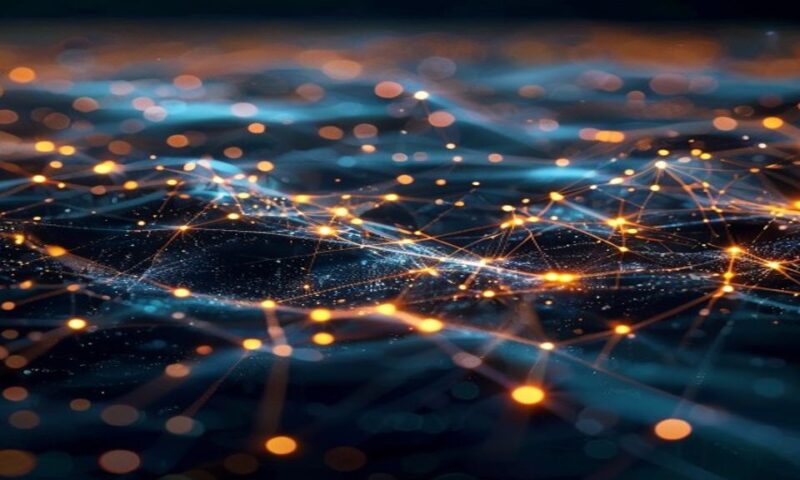 A network of glowing digital threads connecting seamlessly across interconnected nodes, abstract data flowing like luminous pathways through a dark tech landscape, representing universal protocol inte