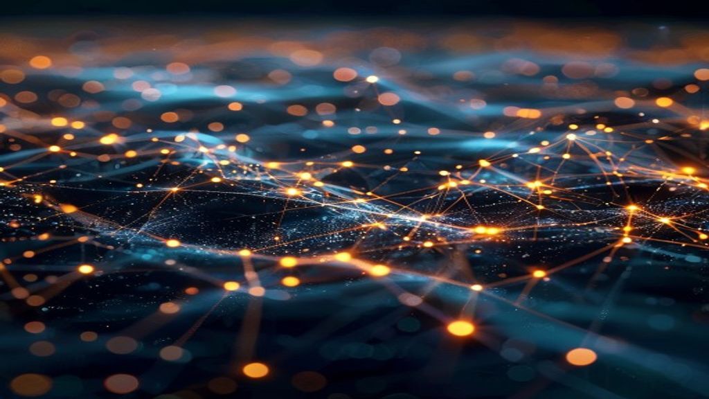 A network of glowing digital threads connecting seamlessly across interconnected nodes, abstract data flowing like luminous pathways through a dark tech landscape, representing universal protocol inte
