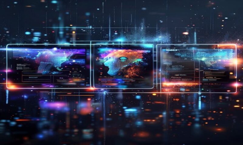 Three sleek AI interface windows floating in digital space, each displaying distinct artistic styles—one with vibrant editorial aesthetics, one with photorealistic product imagery, one with precise