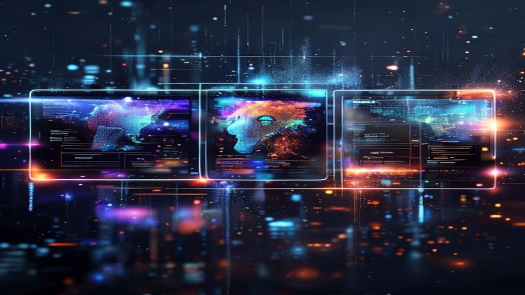 Three sleek AI interface windows floating in digital space, each displaying distinct artistic styles—one with vibrant editorial aesthetics, one with photorealistic product imagery, one with precise
