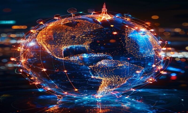 A dynamic globe spinning with interconnected nodes lighting up across continents—Paris, Tokyo, and San Francisco glowing bright—symbolizing rapid global expansion and strategic acquisitions in art