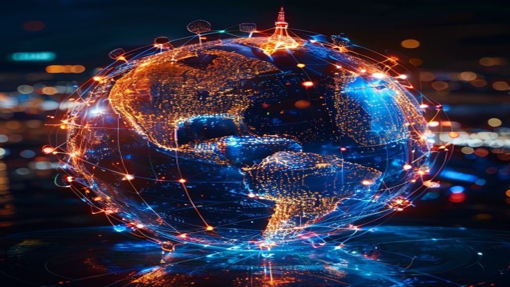 A dynamic globe spinning with interconnected nodes lighting up across continents—Paris, Tokyo, and San Francisco glowing bright—symbolizing rapid global expansion and strategic acquisitions in art
