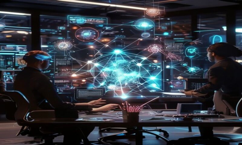 A sleek digital workspace showing multiple AI agents collaborating around a central design canvas, with glowing neural network connections, holographic interface elements, and creative tools orbiting