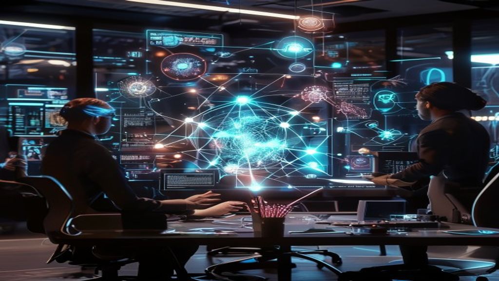 A sleek digital workspace showing multiple AI agents collaborating around a central design canvas, with glowing neural network connections, holographic interface elements, and creative tools orbiting