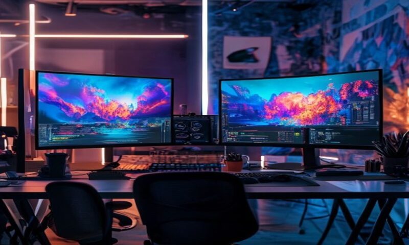 A split-screen studio setup showing a designer's desk with dual monitors displaying vibrant, photorealistic AI-generated images side-by-side, professional lighting, creative workspace chaos, cinematic