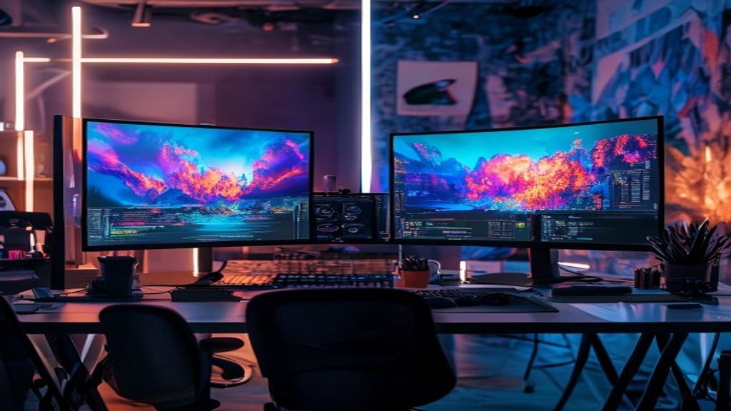 A split-screen studio setup showing a designer's desk with dual monitors displaying vibrant, photorealistic AI-generated images side-by-side, professional lighting, creative workspace chaos, cinematic