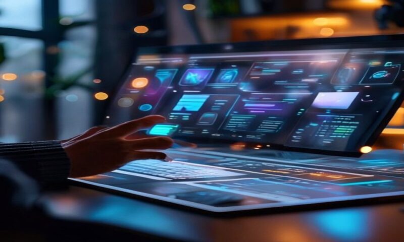 Sleek computer workspace with designer's hands gesturing over holographic UI elements showing website layouts, app interfaces, and presentation slides materializing in mid-air, soft ambient lighting,