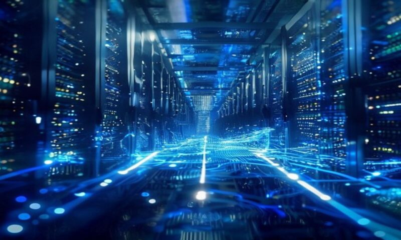 Vast server farm with glowing blue circuits and data streams flowing between towering CPU towers, ethereal light representing 10 trillion parameters, abstract neural network pathways illuminating the
