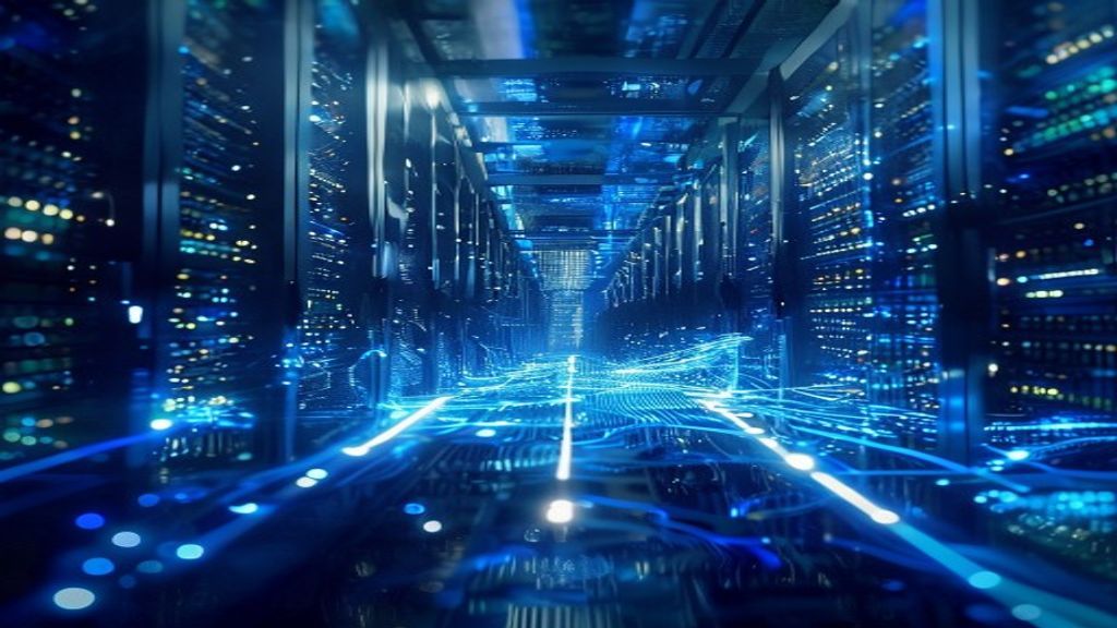 Vast server farm with glowing blue circuits and data streams flowing between towering CPU towers, ethereal light representing 10 trillion parameters, abstract neural network pathways illuminating the