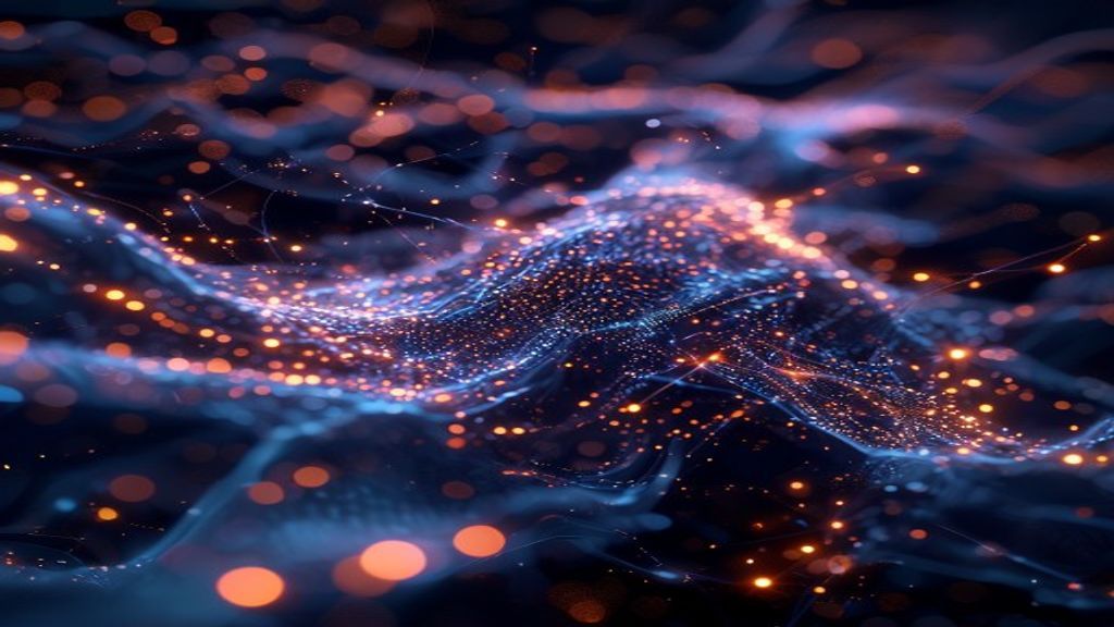 Advanced AI processing visualization with flowing neural networks and data streams converging into sharp focus, holographic interface elements, warm professional lighting, cinematic, professional phot
