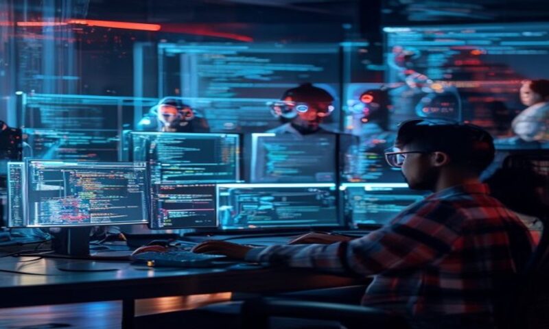Multiple AI agents working simultaneously on code across split screens, developer reviewing real-time codebase evolution, holographic data streams flowing between windows, modern desk setup with ambie
