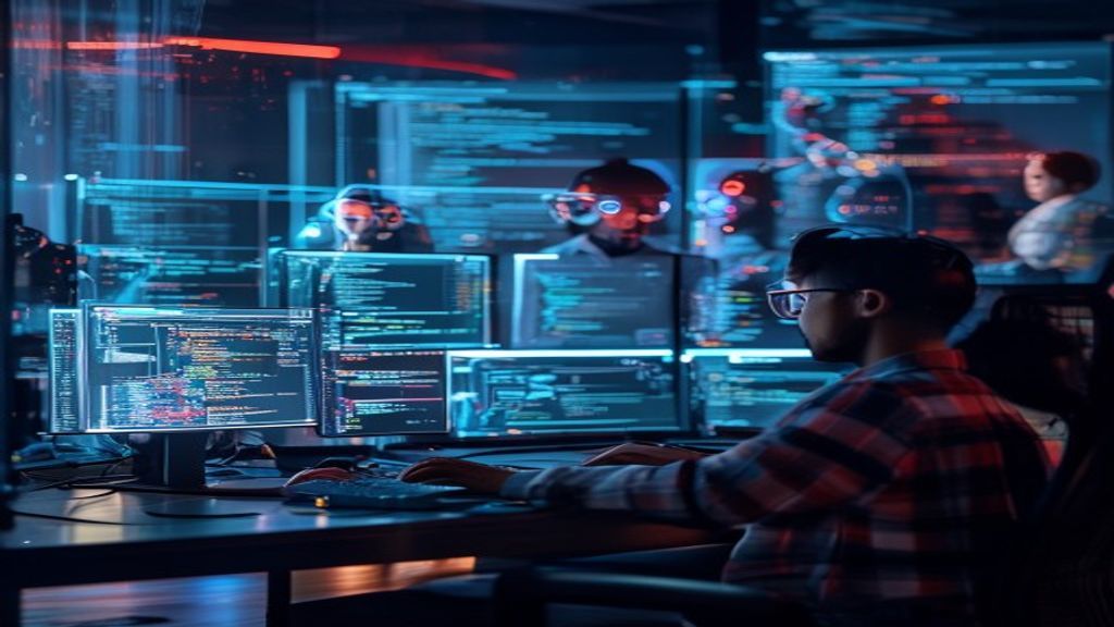 Multiple AI agents working simultaneously on code across split screens, developer reviewing real-time codebase evolution, holographic data streams flowing between windows, modern desk setup with ambie