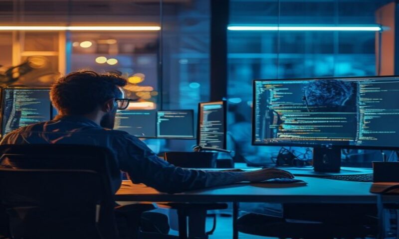 Two developers at adjacent desks, each with dual monitors displaying flowing code, one workspace bathed in warm light, the other in cool blue—representing contrasting AI coding philosophies and work