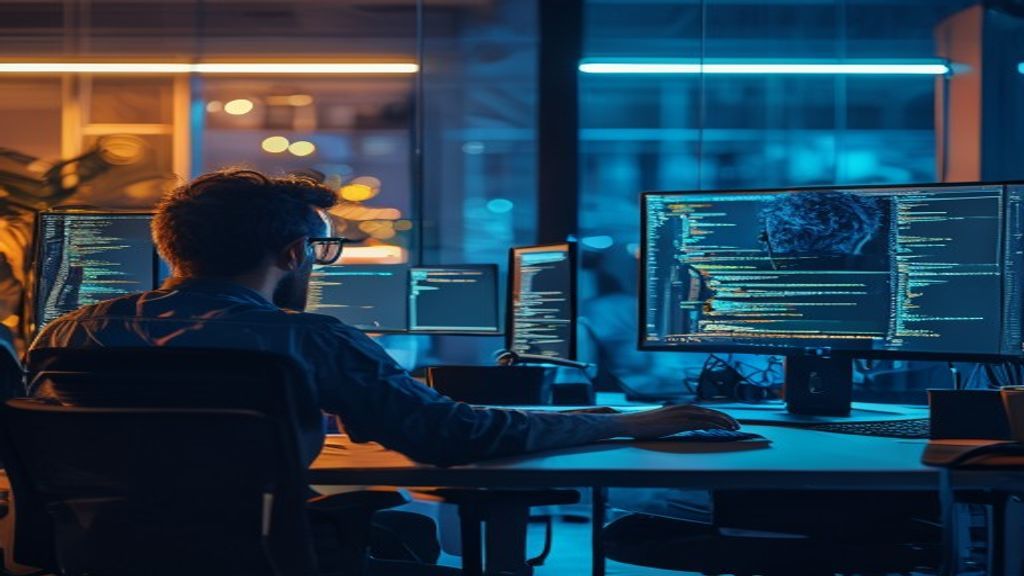 Two developers at adjacent desks, each with dual monitors displaying flowing code, one workspace bathed in warm light, the other in cool blue—representing contrasting AI coding philosophies and work