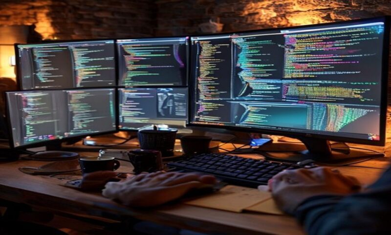 A developer's workspace with three monitors displaying code editors side-by-side, glowing code visible on screens, hands typing on keyboard, surrounded by scattered notebooks and coffee cup, warm ambi