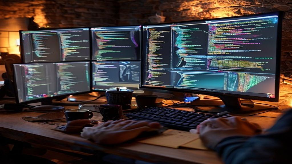 A developer's workspace with three monitors displaying code editors side-by-side, glowing code visible on screens, hands typing on keyboard, surrounded by scattered notebooks and coffee cup, warm ambi