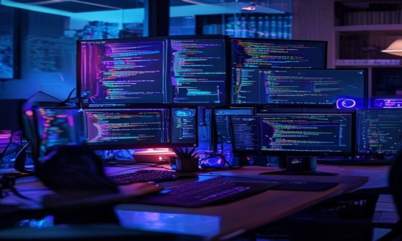 A developer's desk with multiple monitors displaying flowing code, nested windows, and AI-generated suggestions highlighted in neon blue and purple, competitive energy crackling through the scene, cin