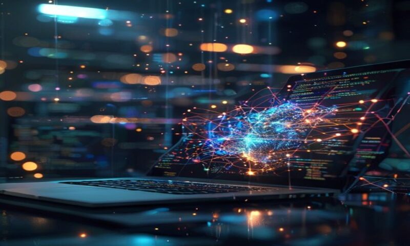 A glowing neural network visualization flowing across a dark workspace with an open laptop displaying code, surrounded by floating data streams and interconnected nodes, cinematic, professional photog
