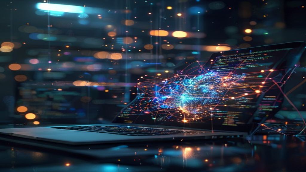 A glowing neural network visualization flowing across a dark workspace with an open laptop displaying code, surrounded by floating data streams and interconnected nodes, cinematic, professional photog