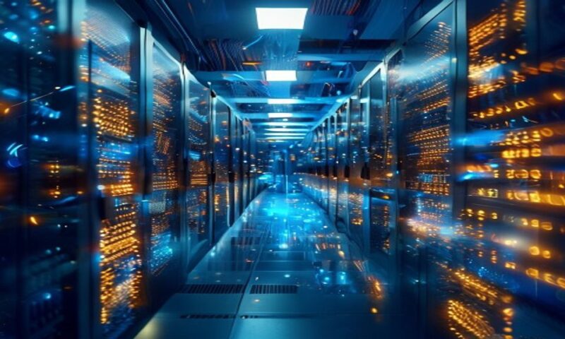 A gleaming server farm illuminated with cool blue and amber light, towering processors and circuits glowing with data streams, representing massive computational power and open-source innovation at sc