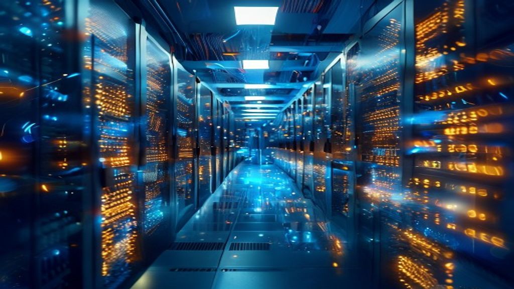 A gleaming server farm illuminated with cool blue and amber light, towering processors and circuits glowing with data streams, representing massive computational power and open-source innovation at sc