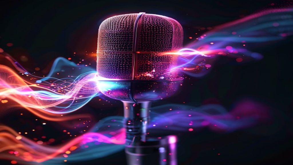 A studio microphone capturing ethereal sound waves visualized as glowing light particles, three distinct audio waveforms flowing simultaneously in different colors, representing voice generation techn