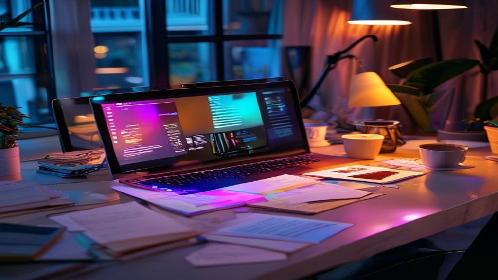A designer's desk with glowing laptop displaying vibrant, modern presentation slides, surrounded by scattered notes and coffee cups, soft ambient lighting casting shadows, cinematic, professional phot
