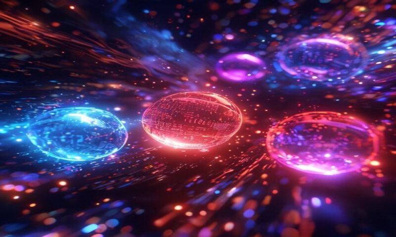 Three glowing AI interface orbs floating in space, each emitting distinct colored light—blue, red, and purple—surrounded by flowing data streams and code, cinematic, professional photography, 4k,