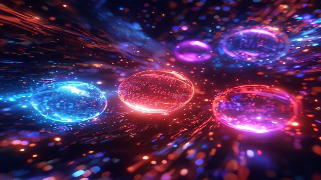 Three glowing AI interface orbs floating in space, each emitting distinct colored light—blue, red, and purple—surrounded by flowing data streams and code, cinematic, professional photography, 4k,