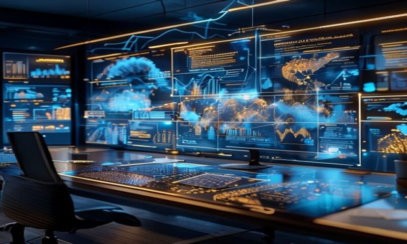 A sleek desk workspace with multiple data streams flowing across translucent screens, glowing networks connecting to cloud infrastructure, research documents and charts materializing in mid-air, deep