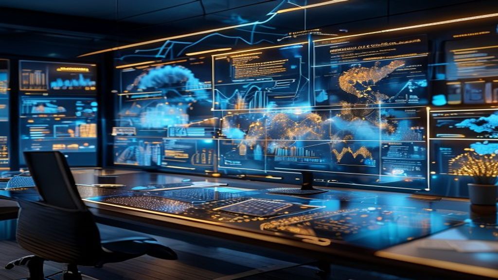 A sleek desk workspace with multiple data streams flowing across translucent screens, glowing networks connecting to cloud infrastructure, research documents and charts materializing in mid-air, deep